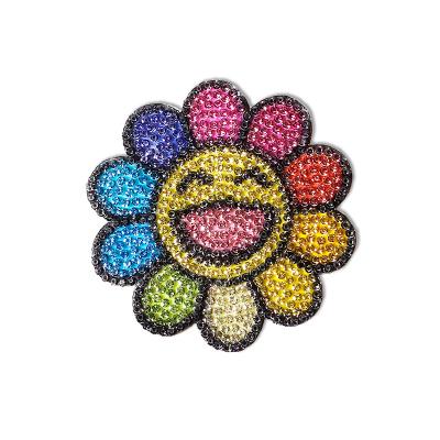 China Viable Hot Sale Stock Iron On Applique Cute Sunflower Rhinestone Patch For Kid Clothing Bag for sale