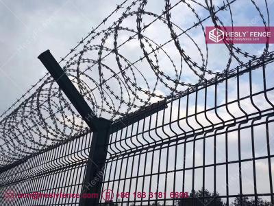 China 3.5m high Airport Perimeter Fence | with Top concertina razor wire coile | Barbed Wire | Y Post | Dark Green-HeslyFence for sale