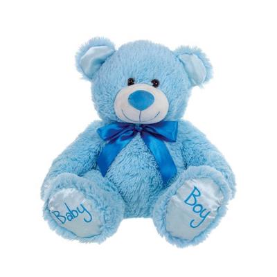 China Custom wild animal stuffed blue silk teddy bear with pink ribbon tie plushies promotion toy for sale