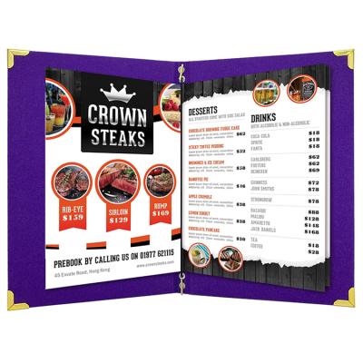 China Easy to Update Your Custom Genuine Leather Logo Restaurant Menu Cover of Content Retail Goods Restaurant Folders Metal Corners for sale