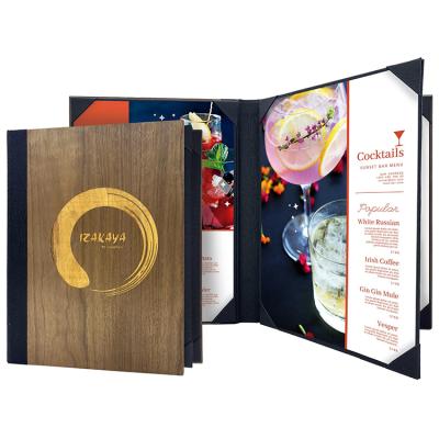 China Suitable for menu frequently switching real wooden skin 4 view wooden menu with photo corner for sale