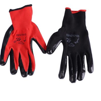 China Red Polyester Shell Nitrile Coated Work Gloves 13gauge Wear Resistant Nylon Nitrile Gloves With Printing Logo for sale