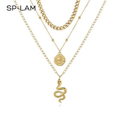 China SP-LAM Cute Delicacy 18K Gold Plated Women's Snake Long Layered 3 Cuban Link Wholesale Multilayer Chain Necklace for sale