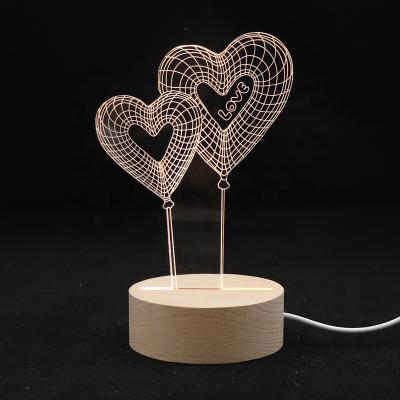 China Wholesale OEM Modern Acrylic Love Shape 3D Illusion Lamp With Wooden Base for sale