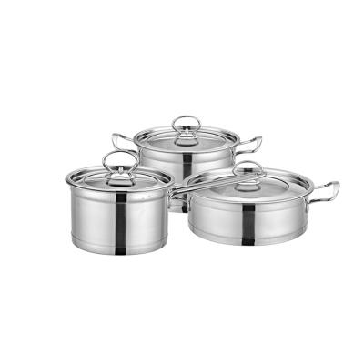 China Sustainable Wholesale Stock Pot 3 Pcs Stainless Steel Soup Pot Cooking Pot Set With Glass Lid And Steel Handle for sale