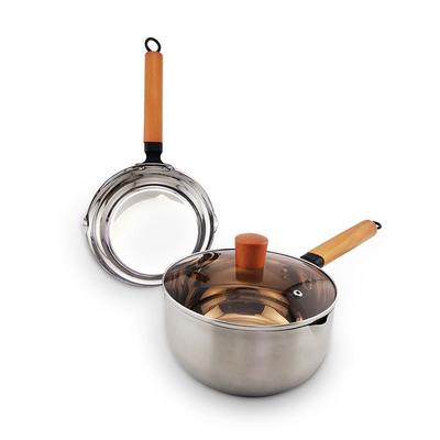 China Stocked Japanese Style 304 Stainless Steel Milk Pot Boiling Pans For Kitchen With Wooden Hand for sale