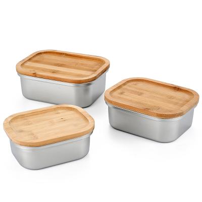 China SUS 304 Stainless Steel Box Sustainable Fresh Food Container With Bamboo Lid for sale