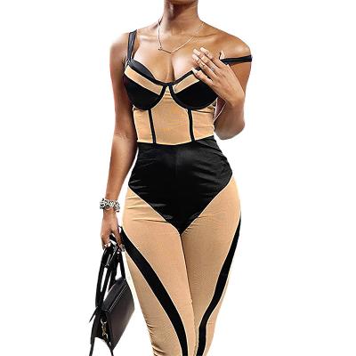 China New Breathable Sexy Sleeveless Contrast Color Perspective Mesh Women's Spring High Waist Suspender Black Spiky Tight Overalls for sale