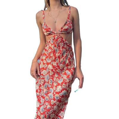 China Anti-pilling hot sale women 2022 summer dress floral print sexy straps spring and long hollow out holiday beach dress for ladies for sale