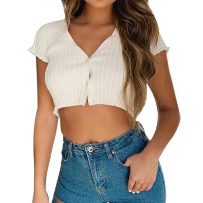 China New Summer Anti-pilling Hot Selling Sexy Crop Tops V-Neck Short Sleeve Cardigan Women's T-shirt Straight Short Sleeve Tops for sale