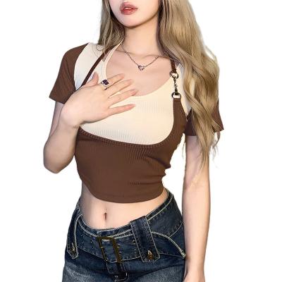 China Anti Pilling Women Shape Sexy Grip Belt Neck Hanging Shorts Sheath Sexy Slim Short T-Shirt Bentgrass Female Party Clubwear Streetwear for sale