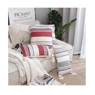 China Newest Gray Tassels Fringe SS21 Innermor Canvas Cushion Cover Pillow Case Christmas Luxury Faux Cotton PORTABLE Colorful Striped Nordic for sale