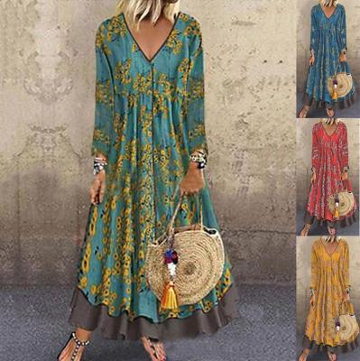 China 2021 New Arrival Anti-static Women's Autumn Retro V-neck Long Sleeve Printing Two-piece Dress Suit For Women for sale