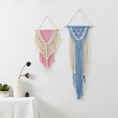 China Simple Modern Style Cotton Handmade Rope Woven Wall Hanging Tapestry Rose Bedroom Wall Decoration Tassel Multilayer Tapestry for sale