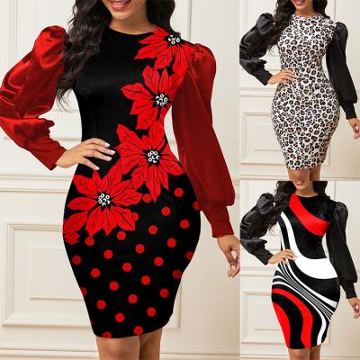 China Z72157 Autumn Breathable Flower Leopard Stripes Print Puff Sleeve O Neck Women Winter Casual Dresses for sale