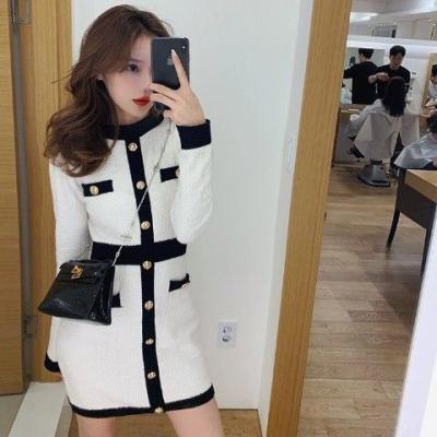 China Autumn Patchwork Breathable Long Sleeve Z69607 Knitting French Dress Women Casual Dresses for sale