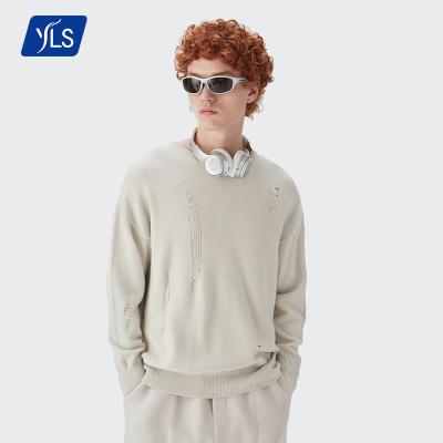 China Anti-wrinkle YLS Custom Logo Crewneck Knit Mens Sweaters 2021 Winter Fashion Hole Cropped Tarpaulin Yarn White Knit Sweater for sale