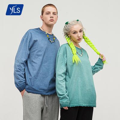 China YLS 2021 Anti-Pilling Fall Loose Fit Wash Logo Cotton Plain Mens Solid Color O Neck Long Sleeve Base T-Shirts Custom Vintage Tshirt for sale