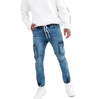 China Breathable Male Cargo Lace Up Washed Denim Pants Slim Fit Multiple Pockets Elastic Waist With Drawstring Jeans for sale