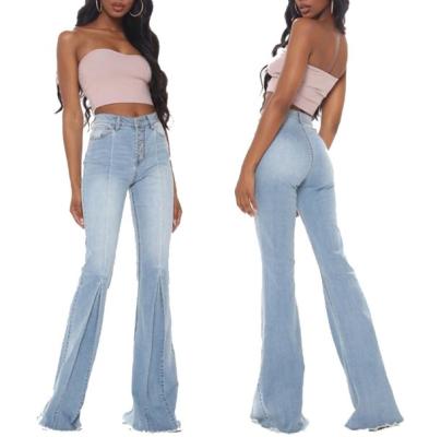 China Hot Sale Breathable Distressed Washed Denim Stretch Fringed Flare Pants Raw Edge Bell-Based Jeans For Women for sale