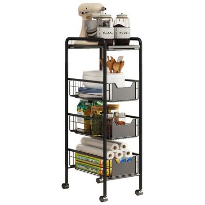 China Rolling Cart 3 Tier Slim Kitchen Storage Unit Mobile Shelf Organizer Slide Out Storage Rolling Cart Rack 4 Tier Kitchen Serving Rack for sale