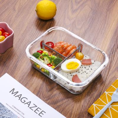 China Microwave 3 Compartment Borosilicate Glass Rectangular Clear Food Container Microwavable Bento Lunch Box for sale