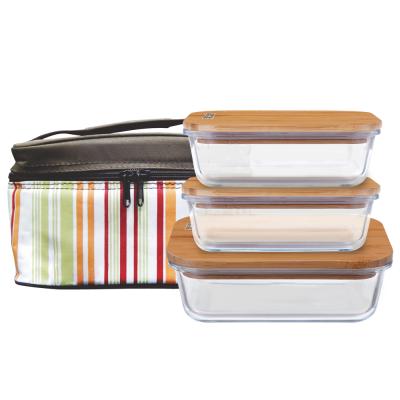 China Microwavable Eco-Friendly Microwavable Glass Food Storage Lunch Bento Box With Bamboo Wooden Lid for sale