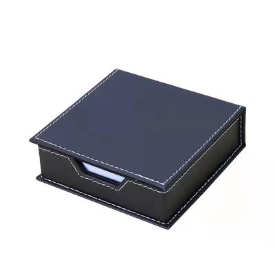 China Custom Black Logo Office Sticky Notes Box Business PU Leather MDF Note Box Hotel Table Accessories Desk Set Folding Cube Box for sale