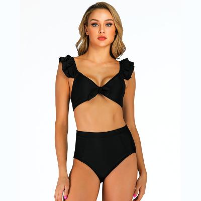 China New Summer Breathable Custom Made 2 Piece Black Bikini High Waist Ruffle Swimsuit for sale