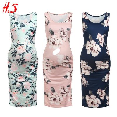 China Hotsell Breathable Custom Printed Sleeveless O-Neck Pleated Casual Pregnant Lady Elegant Maternity Summer Dresses for sale