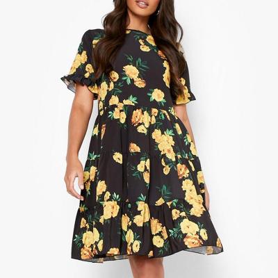 China Hotsell Anti-Static Women Dress Custom Made Floral Print Tendr Detail Shirt Floral Dresses Women Summer Clothing Yellow Casual Dress for sale