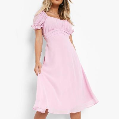 China Hotsell Summer Beach Casual Dresses Anti-Static Square Neck Custom Fitted Dress OEM Ruched Bust Puff Sleeve Belted Midi Dress for sale