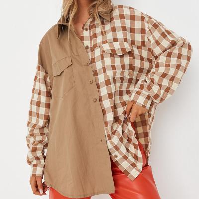 China High Street Single Breasted Anti-Shrink Long Sleeve Spread Custom Splice Check Plaid Collar Brown Oversized Plaid Shirt For Women for sale