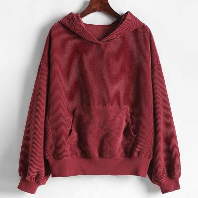 China Wholesale Custom Color Logo Front Pocket Corduroy Plain Solid Women's Clothing Anti-wrinkle Oversized Casual Pullover Hoodie Women for sale