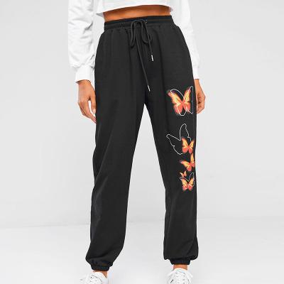 China 2022 Hot Sale Custom Anti-wrinkle Logo Printed Butterfly Pants Black Cotton Drawstring Jogger Casual Loose Sweatpants Women for sale