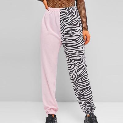 China Custom Print Sweatpants Zebra Color Block Anti-wrinkle Women's Clothing Manufacturing Pants OEM Patchwork Jogger 2022 Women's Pants for sale