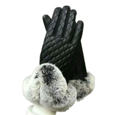 China Fashionable Fur Striped Winter Fur Gloves Touch Screen Women Faux Leather Gloves Fur Gloves for sale