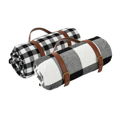 China Portable Woven Foldable Plaid Picnic Blanket Leather Strap Acrylic Outdoor Picnic Blanket Waterproof Mat for sale