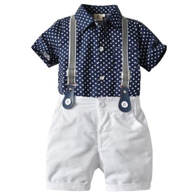 China New Casual Summer Kids Dressing Sets Boys Gentleman Stars Shirt Strap Woven Shorts Full Printed Suits for sale