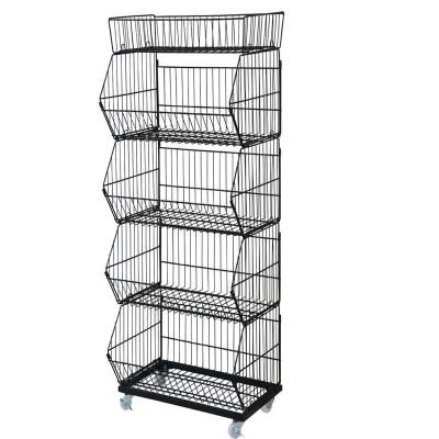 China Multi-layer Metal Supermarket Wire Stackable Rack Storage Shelves Wire Mesh Display Basket Stand for sale