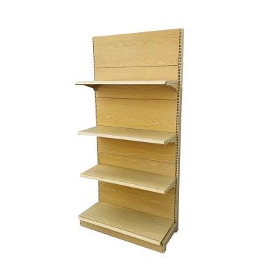 China Retail Store Wood Gondola Shelving Wood Grain Transfer Heavy Duty Shelves for sale