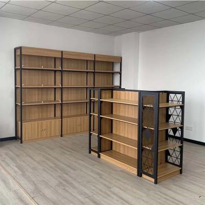 China Factory customized color size Steel wood combination supermarket shelves wooden convenience store shelves for sale