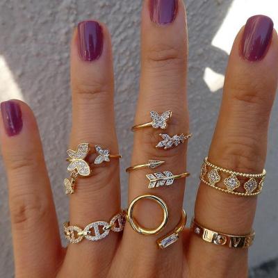 China Punk Women Fashion Peach Punk Heart Gold 7pcs/set Lucky Star Rings Chain Rings Set Trend Jewelry Gift for sale