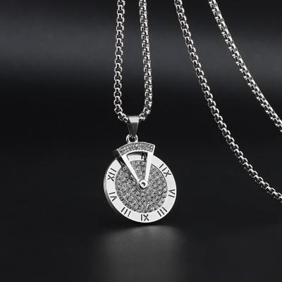 China High Quality Full Rhinestone Hiphop Clock Shape Pendant Necklace Personality Movable Hip Hop Necklace for sale