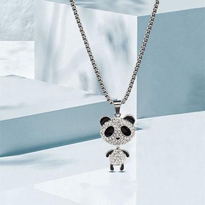 China Cute Hiphop Rhinestone Full Little Panda Pendant Necklace Hip Hop Style Stainless Steel Women Necklace for sale