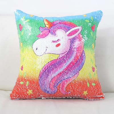 China Sequins Unicorn Cushion Cover Printed Anti-Static Throw Pillow Case for sale