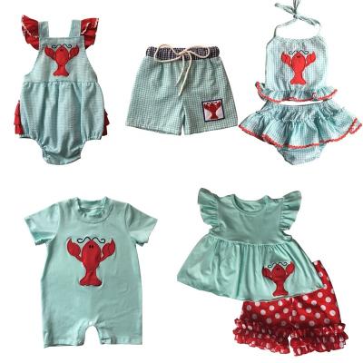 China 2019 Summer Beach Lobster Applique Cotton Seersucker Swimwear Girl's Casual Outfit Set for sale