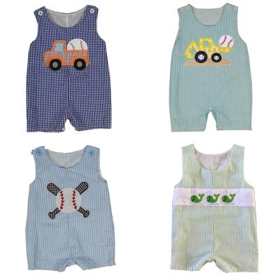 China Maxine cotton seersucker baseball applique boutique boys shortall baby clothes casual romper for sale