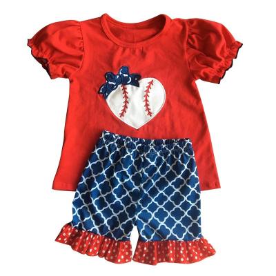 China Little girl clothing baseball season clothing babies casual baseball applique girls summer shorts 2019 boutique outfits for sale