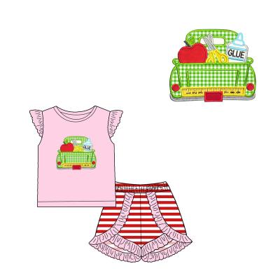 China Kids Clothing Casual Short Sleeve Knit Cotton Tops Shirts With Appliques Set Back To School Girl Outfit for sale